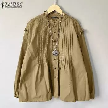 ZANZEA Women Vintage Stand Collar Long Sleeve Striped Loose Shirts S белый