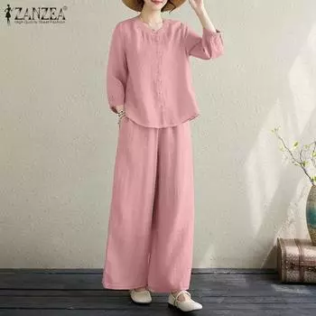 ZANZEA Womens 3/4 Sleeve Blouse and Wide Leg Pants Casual Two Piece Sets S бежевый