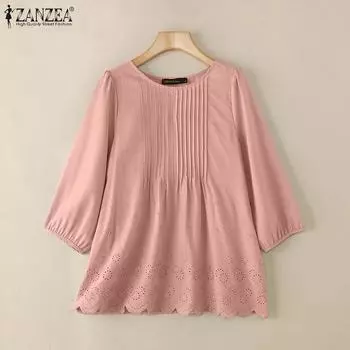 ZANZEA Womens 3/4 Sleeve Loose Casual Crochet Patchwork Blouse S темно-синий