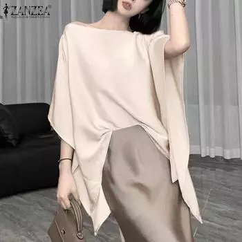 ZANZEA Женская осенняя элегантная однотонная блузка с открытыми плечами и рукавом 3/4 4XL чёрный