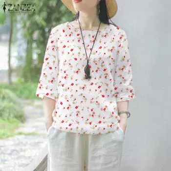 ZANZEA Womens Autumn Round Neck 3/4 Sleeve Floral Print Blouses