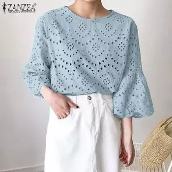 ZANZEA Womens Casual 3/4 Sleeve Hollow Crochet Patchwork Loose Blouse S светло-синий