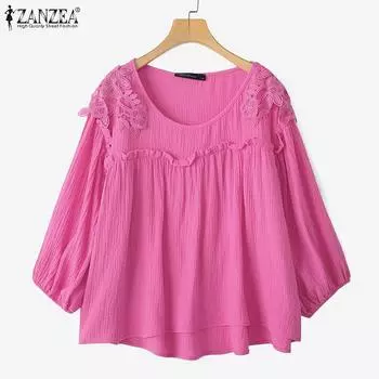 ZANZEA Womens Casual 3/4 Sleeve Loose Lace Patchwork Blouse S темно-розовый