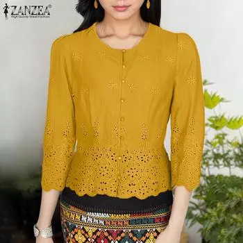 ZANZEA Womens Casual 3/4 Sleeve Retro Lace Patchwork Blouse S жёлтый
