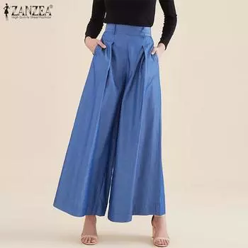 ZANZEA Womens Casual Back Zipper Loose Wide Leg Pants S синий