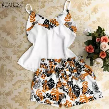 ZANZEA Womens Casual Camisoles and Shorts Summer Two Piece Suit Sets S белый