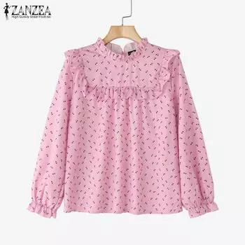ZANZEA Womens Casual Cherry Print Loose Long Sleeve Blouse XL светло-синий