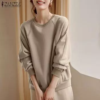 ZANZEA Womens Casual Crew Neck Long Sleeve Loose Pullover Sweatshirt S темно-синий