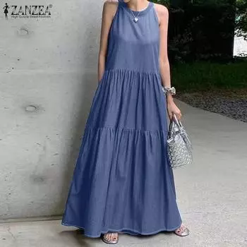 ZANZEA Womens Casual Crew Neck Off Shoulder Sleeveless Long Dress 3XL светло-синий