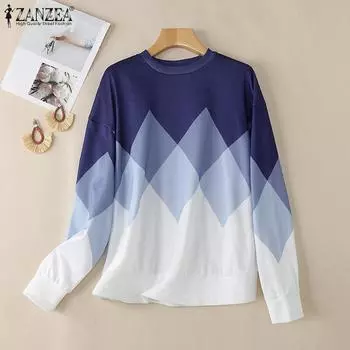 ZANZEA Womens Casual Crew Neck Plaid Print Long Sleeve Blouse S синий