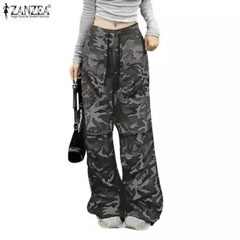 ZANZEA Womens Casual Elastic Waist Loose Camouflage Print Cargo Pants S темно-зеленого