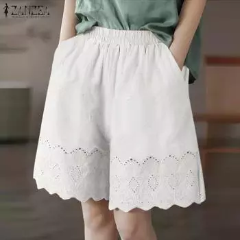 ZANZEA Womens Casual Elastic Waist Summer Lace Crochet Shorts S белый