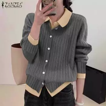 ZANZEA Womens Casual Fake Two Piece Long Sleeve Knitted Blouse S коричневый