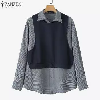 ZANZEA Womens Casual Fake Two Piece Plaid Patchwork Long Sleeve Blouse S темно-синий