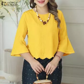 ZANZEA Womens Casual Flare 3/4 Sleeve Loose Patchwork Blouse S камео розовый