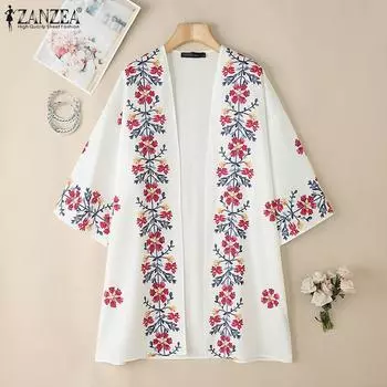 ZANZEA Womens Casual Floral Print Loose Beach Cover Up Blouse S чёрный