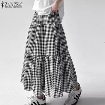ZANZEA Womens Casual Grid Print Loose Long Skirts S чёрный