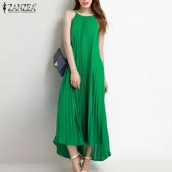 ZANZEA Женское повседневное платье без рукавов с вырезом халтер и открытыми плечами S зелёный