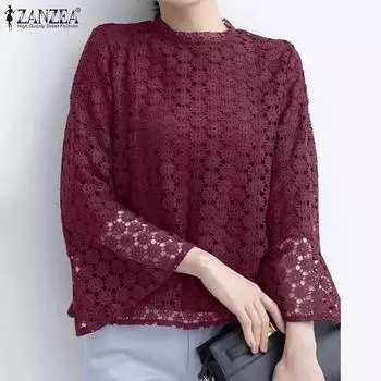 ZANZEA Женская повседневная ажурная кружевная блузка с рукавом 3/4 M чёрный