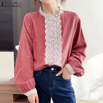 ZANZEA Womens Casual Lace Patchwork Long Sleeve Grid Print Blouse XL красный