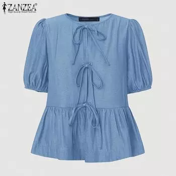 ZANZEA Womens Casual Lace Up Round Neck Summer Short Sleeve Blouse S темно-синий