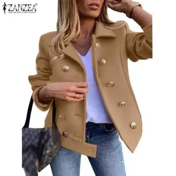 ZANZEA Womens Casual Long Sleeve Double Breasted Thin Woolen Coat S чёрный