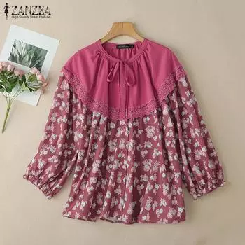 ZANZEA Womens Casual Long Sleeve Floral Print Patchwork Blouse S розовый