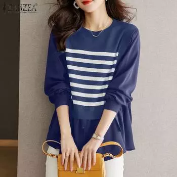 ZANZEA Женская повседневная блузка с длинным рукавом в полоску в стиле пэчворк S чёрный