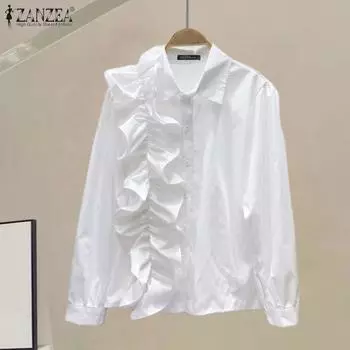 Женская повседневная рубашка с длинным рукавом и оборками ZANZEA XL белый