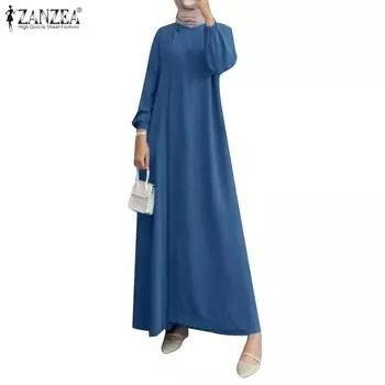 ZANZEA Womens Casual O-neck Loose Long Sleeve Long Dress S розовый