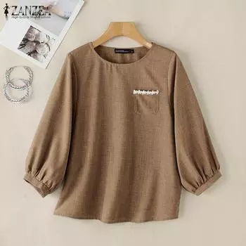 ZANZEA Женская повседневная блузка свободного кроя с круглым вырезом и рукавом девять четвертей M зелёный