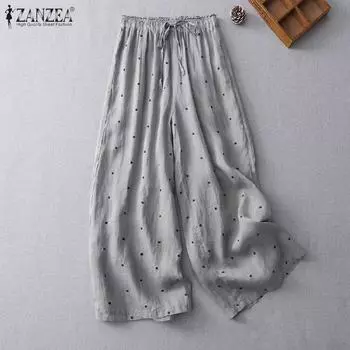 ZANZEA Женские повседневные свободные широкие брюки с принтом в горошек 4XL темно-зеленого