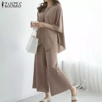 ZANZEA Womens Casual Round Neck 3/4 Sleeve Blouses Wide Leg Pants Sets