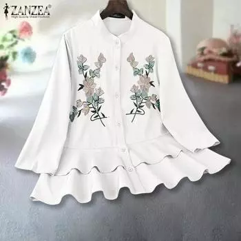 Женская повседневная рубашка ZANZEA с круглым вырезом и рукавом 3/4 с цветочным принтом S чёрный