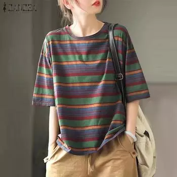 Женская повседневная футболка ZANZEA с круглым вырезом и коротким рукавом в полоску S красный