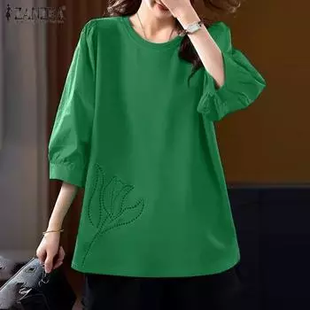 ZANZEA Женская повседневная блузка с круглым вырезом и коротким рукавом, однотонная с принтом S белый