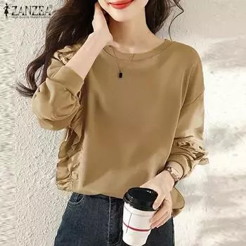 ZANZEA Женская повседневная однотонная футболка с круглым вырезом и длинным рукавом S хаки
