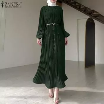 ZANZEA Womens Casual Round Neck Long Sleeve Pleated Long Dress XL темно-зеленого