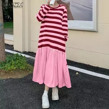 ZANZEA Womens Casual Round Neck Long Sleeve Stripe Dress S розовый