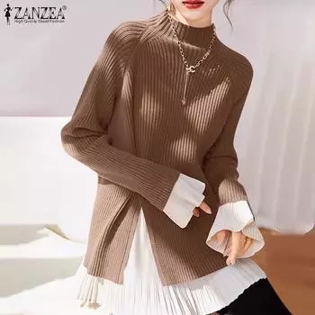 ZANZEA Womens Casual Round Neck Long Sleeve Patchwork Knitted Blouse S коричневый