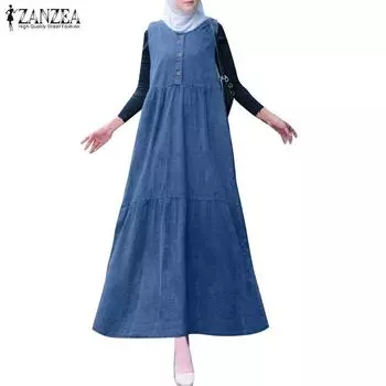 ZANZEA Womens Casual Round Neck Loose Sleeveless Long Dress S синий
