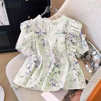 ZANZEA Womens Casual Round Neck Short Sleeve Floral Print Blouses