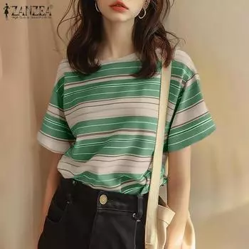 ZANZEA Женская повседневная футболка с круглым вырезом и коротким рукавом в цветную полоску S зелёный
