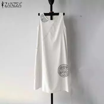 ZANZEA Женское повседневное платье свободного кроя с круглым вырезом без рукавов и принтом S чёрный