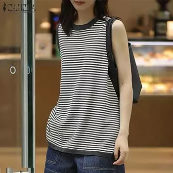 ZANZEA Womens Casual Round Neck Sleeveless Striped Tanks