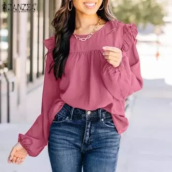 ZANZEA Женская повседневная однотонная блузка с круглым вырезом и длинным рукавом S розовый