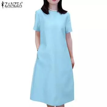 ZANZEA Womens Casual Round Neck Solid Color Loose Short Sleeve Dress S чёрный