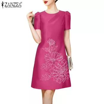 ZANZEA Womens Casual Round Neck Summer Short Sleeve Print Dress 3XL чёрный