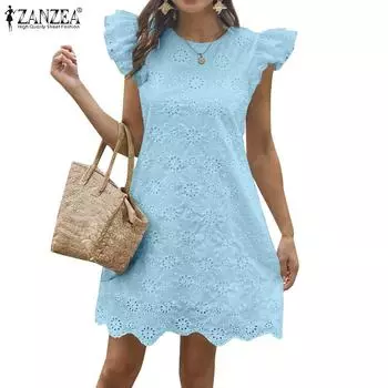 ZANZEA Womens Casual Round Neck Summer Sleeveless Lace Crochet Dress S белый