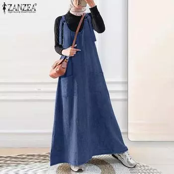 ZANZEA Женское повседневное длинное платье без рукавов на бретелях S темно-синий